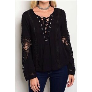 Twelve By Ontwelfth Black Henley Long Sleeve Lace Tie Front Top NWOT Medium